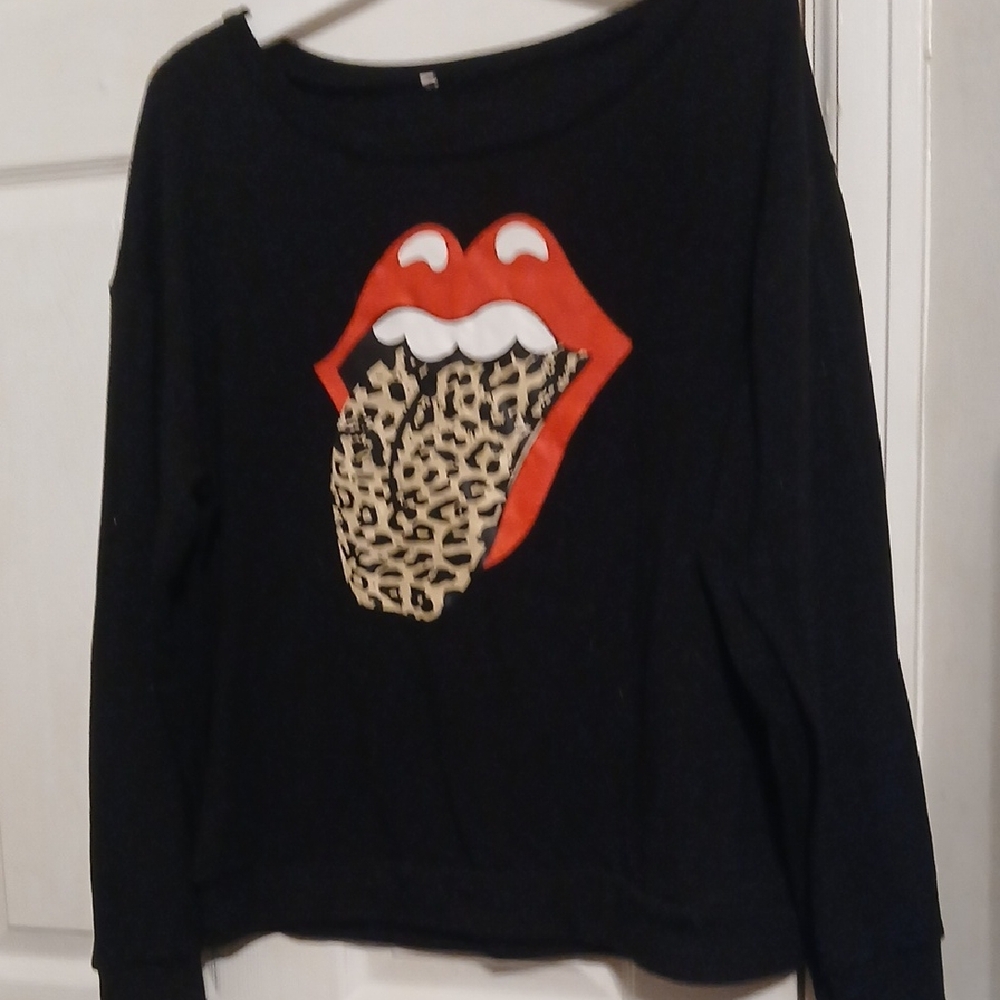 Black Sweater with Red Lips and Leopard Tongue Design